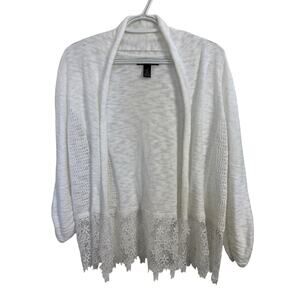 Fairy Coquette Cottage White Sheer Floral Lace Open Front Cardigan Size Large